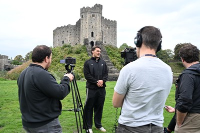 290926 - Cardiff Rugby Press Conference - Picture shows Cardiff Rugby player Teddy Williams outside Cardiff Castle in Cardiff, Wales during a press conference ahead of his sides URC match against Zebre