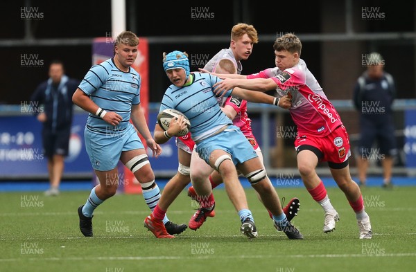 250821 - Cardiff Rugby U17s v Dragons Red U17s - Fletcher Barry of Cardiff Rugby is held