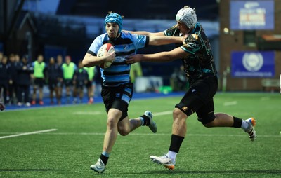 110126 - Cardiff Rugby U18s v Ospreys U18, WRU U18 Regional Age Grade Championship -  Harry Kinsey of Cardiff Rugby is tackled just short of the line