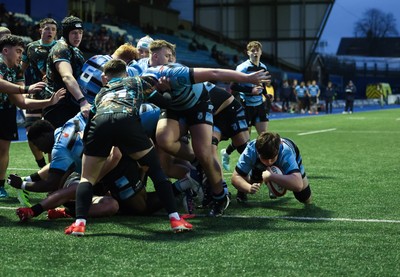 110126 - Cardiff Rugby U18s v Ospreys U18, WRU U18 Regional Age Grade Championship -  Evan Hughes of Cardiff Rugby powers over to score try