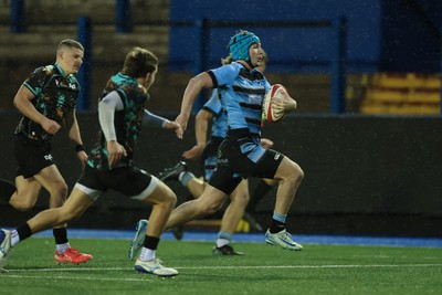 110126 - Cardiff Rugby U18s v Ospreys U18, WRU U18 Regional Age Grade Championship -  Harry Kinsey of Cardiff Rugby races in to score try