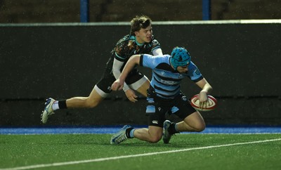 110126 - Cardiff Rugby U18s v Ospreys U18, WRU U18 Regional Age Grade Championship -  Harry Kinsey of Cardiff Rugby races in to score try
