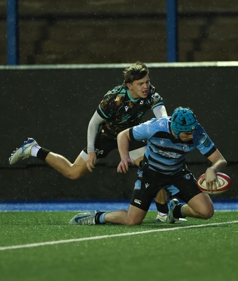 110126 - Cardiff Rugby U18s v Ospreys U18, WRU U18 Regional Age Grade Championship -  Harry Kinsey of Cardiff Rugby races in to score try