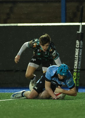 110126 - Cardiff Rugby U18s v Ospreys U18, WRU U18 Regional Age Grade Championship -  Harry Kinsey of Cardiff Rugby races in to score try