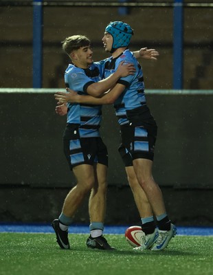 110126 - Cardiff Rugby U18s v Ospreys U18, WRU U18 Regional Age Grade Championship -  Harry Kinsey of Cardiff Rugby celebrates with team mates after he races in to score try