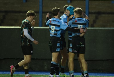 110126 - Cardiff Rugby U18s v Ospreys U18, WRU U18 Regional Age Grade Championship -  Harry Kinsey of Cardiff Rugby celebrates with team mates after he races in to score try