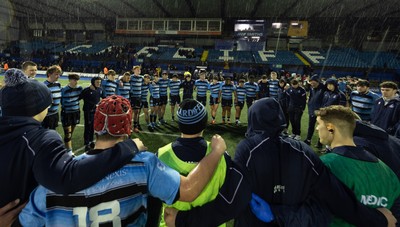 110126 - Cardiff Rugby U18s v Ospreys U18, WRU U18 Regional Age Grade Championship -  Cardiff players huddle up at the end of the match