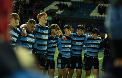 110126 - Cardiff Rugby U18s v Ospreys U18, WRU U18 Regional Age Grade Championship -  Cardiff players at the end of the match