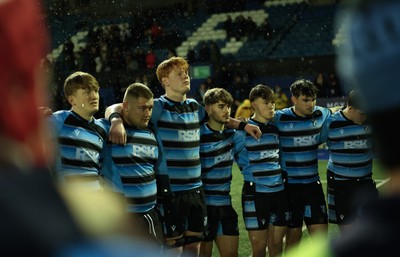 110126 - Cardiff Rugby U18s v Ospreys U18, WRU U18 Regional Age Grade Championship -  Cardiff players at the end of the match