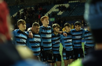 110126 - Cardiff Rugby U18s v Ospreys U18, WRU U18 Regional Age Grade Championship -  Cardiff players at the end of the match