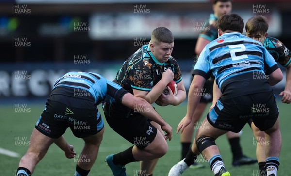 110126 - Cardiff Rugby U18s v Ospreys U18, WRU U18 Regional Age Grade Championship -  Mason James of Ospreys drives forward