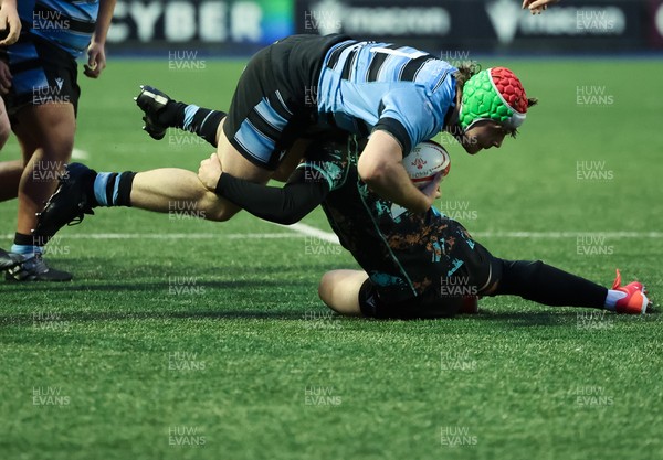 110126 - Cardiff Rugby U18s v Ospreys U18, WRU U18 Regional Age Grade Championship -  Alfie Prygodzicz of Cardiff Rugby Is tackled