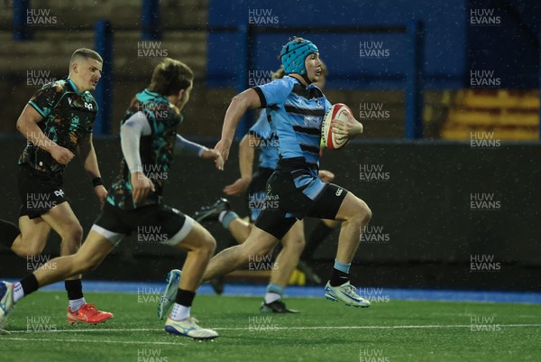 110126 - Cardiff Rugby U18s v Ospreys U18, WRU U18 Regional Age Grade Championship -  Harry Kinsey of Cardiff Rugby races in to score try