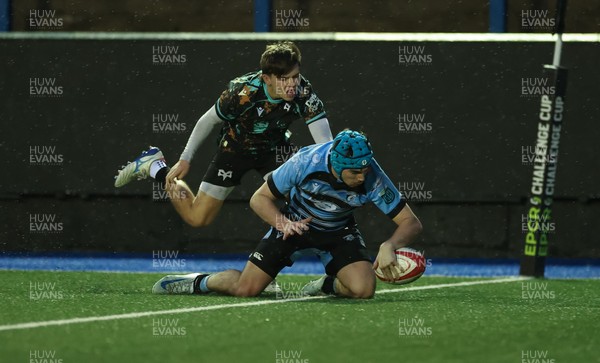 110126 - Cardiff Rugby U18s v Ospreys U18, WRU U18 Regional Age Grade Championship -  Harry Kinsey of Cardiff Rugby races in to score try