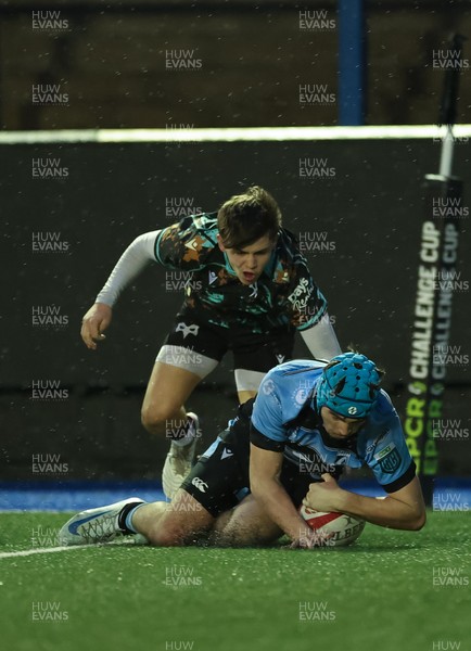 110126 - Cardiff Rugby U18s v Ospreys U18, WRU U18 Regional Age Grade Championship -  Harry Kinsey of Cardiff Rugby races in to score try