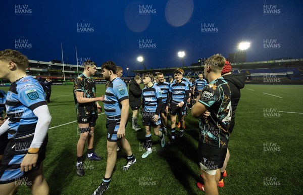 110126 - Cardiff Rugby U18s v Ospreys U18, WRU U18 Regional Age Grade Championship -  Players applaud each other off the pitch at the end of the match