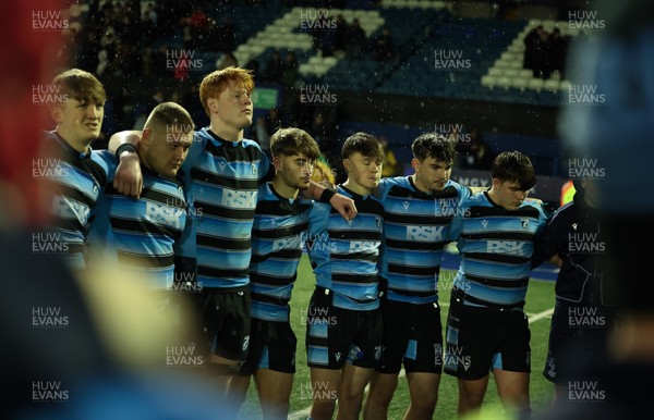 110126 - Cardiff Rugby U18s v Ospreys U18, WRU U18 Regional Age Grade Championship -  Cardiff players at the end of the match