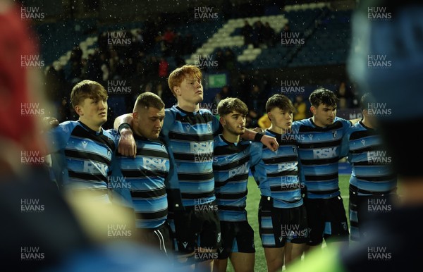 110126 - Cardiff Rugby U18s v Ospreys U18, WRU U18 Regional Age Grade Championship -  Cardiff players at the end of the match
