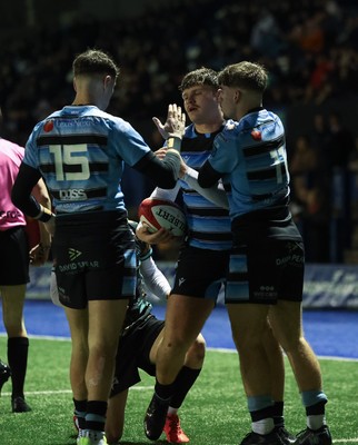 120226 - Cardiff Rugby U18 v Ospreys U18, WRU Regional Age Grade Championship Final - Ioan Leyshon of Cardiff celebrates with Will Adams of Cardiff and Harvey Bryant of Cardiff after he charges through to score try