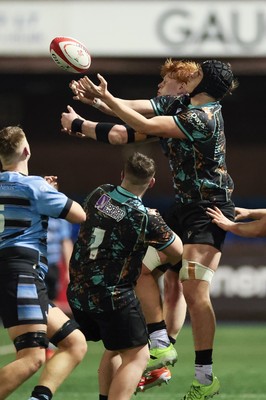 120226 - Cardiff Rugby U18 v Ospreys U18, WRU Regional Age Grade Championship Final - Codi Ray David of Ospreys wins the high ball