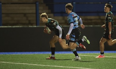120226 - Cardiff Rugby U18 v Ospreys U18, WRU Regional Age Grade Championship Final - Alfie Selby of Ospreys races in to score try