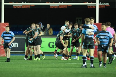 120226 - Cardiff Rugby U18 v Ospreys U18, WRU Regional Age Grade Championship Final - Ospreys celebrate after Fin Britton of Cardiff misses a penalty with the final kick of the match handing them the win