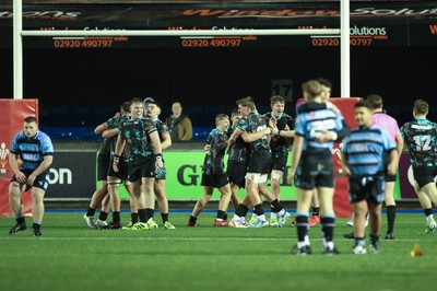 120226 - Cardiff Rugby U18 v Ospreys U18, WRU Regional Age Grade Championship Final - Ospreys celebrate after Fin Britton of Cardiff misses a penalty with the final kick of the match handing them the win