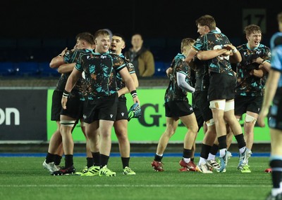 120226 - Cardiff Rugby U18 v Ospreys U18, WRU Regional Age Grade Championship Final - Ospreys celebrate after Fin Britton of Cardiff misses a penalty with the final kick of the match handing them the win