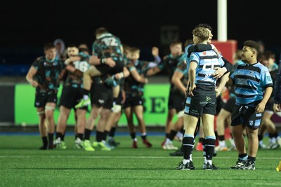120226 - Cardiff Rugby U18 v Ospreys U18, WRU Regional Age Grade Championship Final - Ospreys celebrate after Fin Britton of Cardiff misses a penalty with the final kick of the match handing them the win