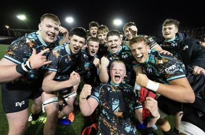 120226 - Cardiff Rugby U18 v Ospreys U18, WRU Regional Age Grade Championship Final - Ospreys players celebrate at the end of the match