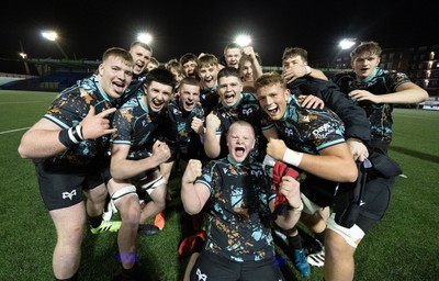 120226 - Cardiff Rugby U18 v Ospreys U18, WRU Regional Age Grade Championship Final - Ospreys players celebrate at the end of the match