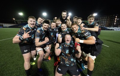 120226 - Cardiff Rugby U18 v Ospreys U18, WRU Regional Age Grade Championship Final - Ospreys players celebrate at the end of the match