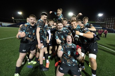 120226 - Cardiff Rugby U18 v Ospreys U18, WRU Regional Age Grade Championship Final - Ospreys players celebrate at the end of the match