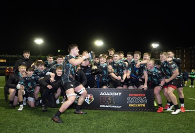 120226 - Cardiff Rugby U18 v Ospreys U18, WRU Regional Age Grade Championship Final - Ospreys celebrate with the trophy