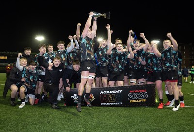 120226 - Cardiff Rugby U18 v Ospreys U18, WRU Regional Age Grade Championship Final - Ospreys celebrate with the trophy