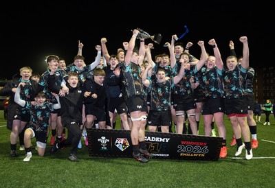 120226 - Cardiff Rugby U18 v Ospreys U18, WRU Regional Age Grade Championship Final - Ospreys celebrate with the trophy