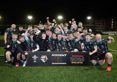 120226 - Cardiff Rugby U18 v Ospreys U18, WRU Regional Age Grade Championship Final - Ospreys celebrate with the trophy