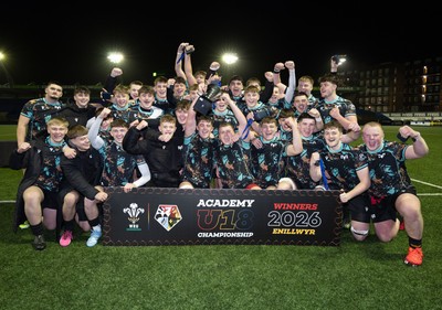 120226 - Cardiff Rugby U18 v Ospreys U18, WRU Regional Age Grade Championship Final - Ospreys celebrate with the trophy
