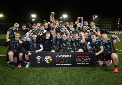 120226 - Cardiff Rugby U18 v Ospreys U18, WRU Regional Age Grade Championship Final - Ospreys celebrate with the trophy