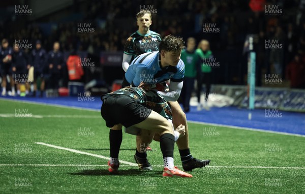 120226 - Cardiff Rugby U18 v Ospreys U18, WRU Regional Age Grade Championship Final - Ioan Leyshon of Cardiff charges through to score try