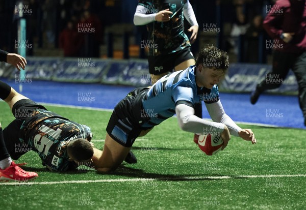 120226 - Cardiff Rugby U18 v Ospreys U18, WRU Regional Age Grade Championship Final - Ioan Leyshon of Cardiff charges through to score try