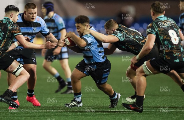 120226 - Cardiff Rugby U18 v Ospreys U18, WRU Regional Age Grade Championship Final - Evan Ng of Cardiff is held