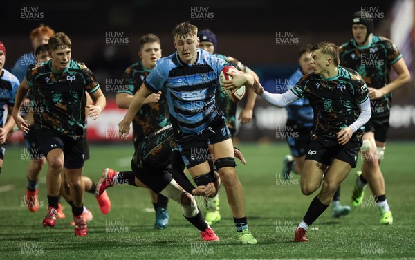 120226 - Cardiff Rugby U18 v Ospreys U18, WRU Regional Age Grade Championship Final - Lucca Alexander-White of Cardiff breaks away