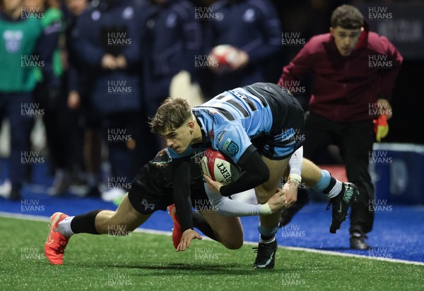 120226 - Cardiff Rugby U18 v Ospreys U18, WRU Regional Age Grade Championship Final - Harvey Bryant of Cardiff is tackled by Dylan Quinn of Ospreys