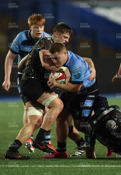 120226 - Cardiff Rugby U18 v Ospreys U18, WRU Regional Age Grade Championship Final - Isaac Jones of Cardiff is held