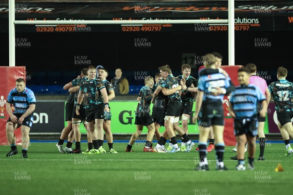 120226 - Cardiff Rugby U18 v Ospreys U18, WRU Regional Age Grade Championship Final - Ospreys celebrate after Fin Britton of Cardiff misses a penalty with the final kick of the match handing them the win