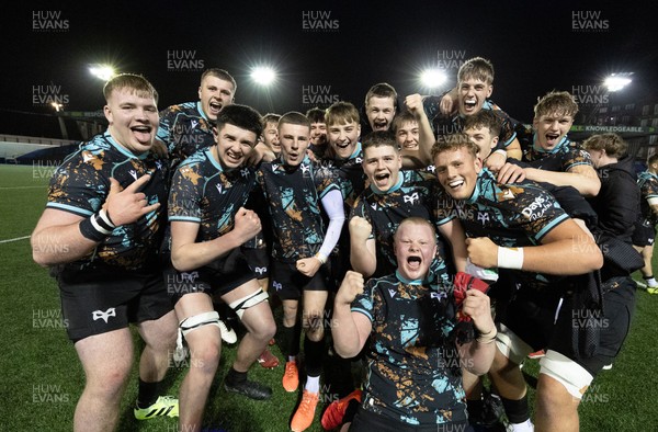 120226 - Cardiff Rugby U18 v Ospreys U18, WRU Regional Age Grade Championship Final - Ospreys players celebrate at the end of the match