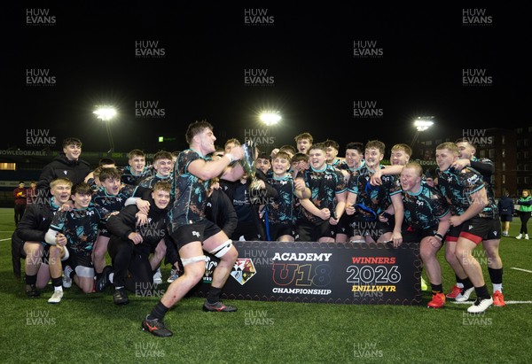 120226 - Cardiff Rugby U18 v Ospreys U18, WRU Regional Age Grade Championship Final - Ospreys celebrate with the trophy