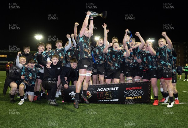 120226 - Cardiff Rugby U18 v Ospreys U18, WRU Regional Age Grade Championship Final - Ospreys celebrate with the trophy