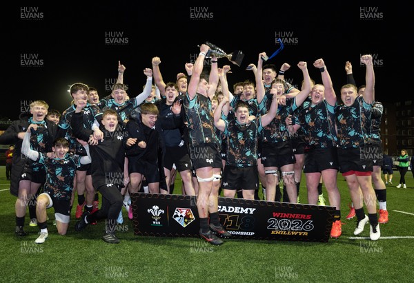 120226 - Cardiff Rugby U18 v Ospreys U18, WRU Regional Age Grade Championship Final - Ospreys celebrate with the trophy